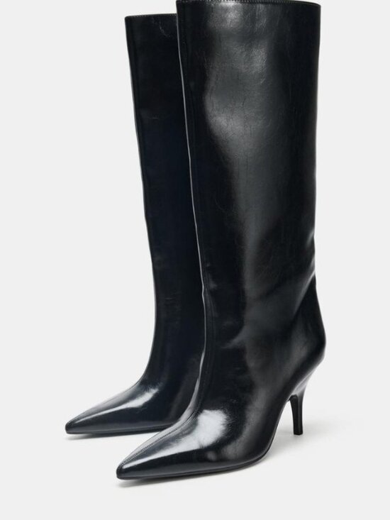 Zara Shoes - KITTEN HEEL HIGH BOOTS Black Patent Polyester sz 7.5 7 1/2 NWT NEW